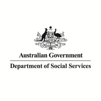 Black and white Australian Government Department of Social Services logo featuring kangaroo and emu emblem.